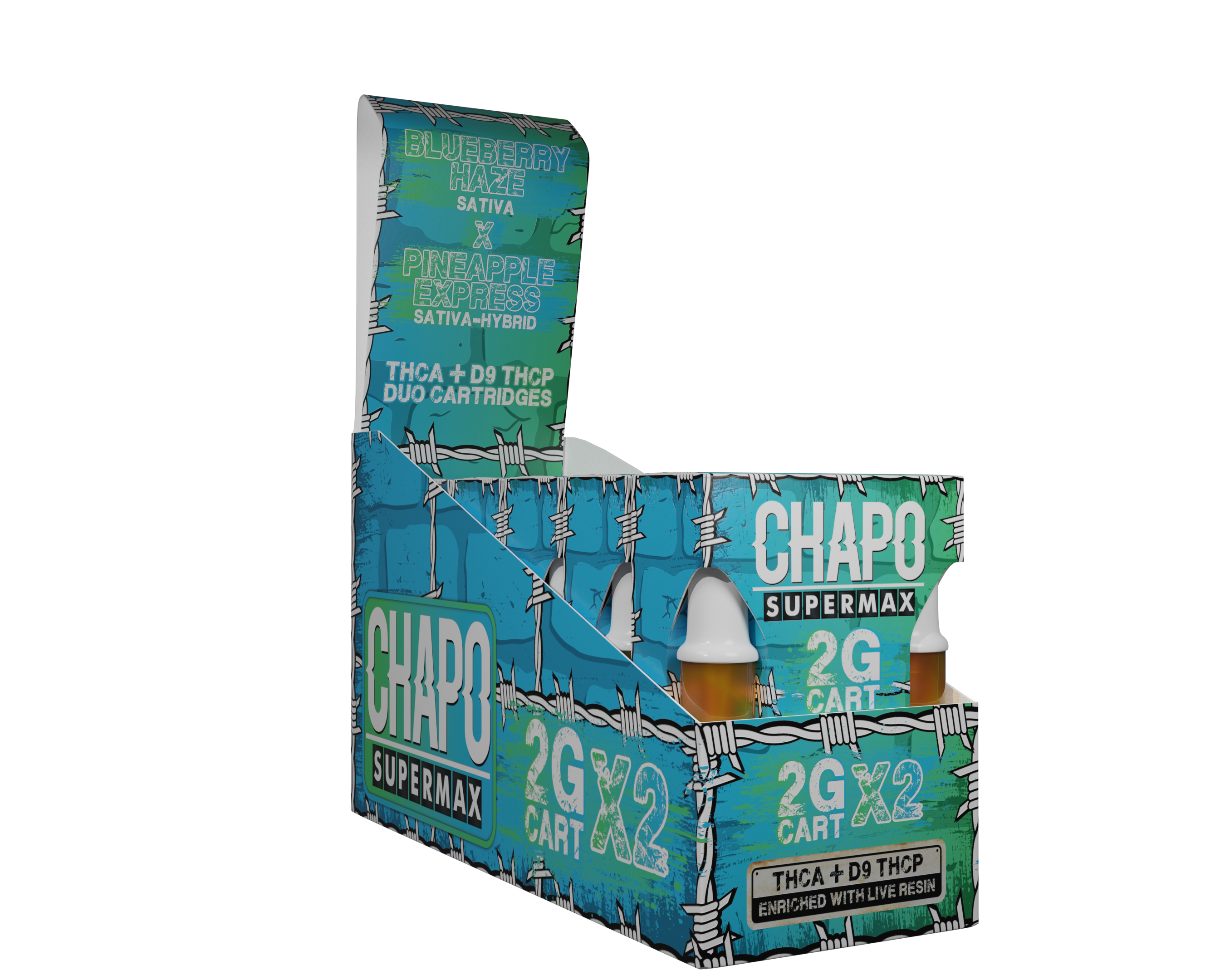 Chapo Supermax THC-A + D9 THC-P Enriched with Live Resin 2 Gram Duo Cartridges 6 pack - Vape Masterz