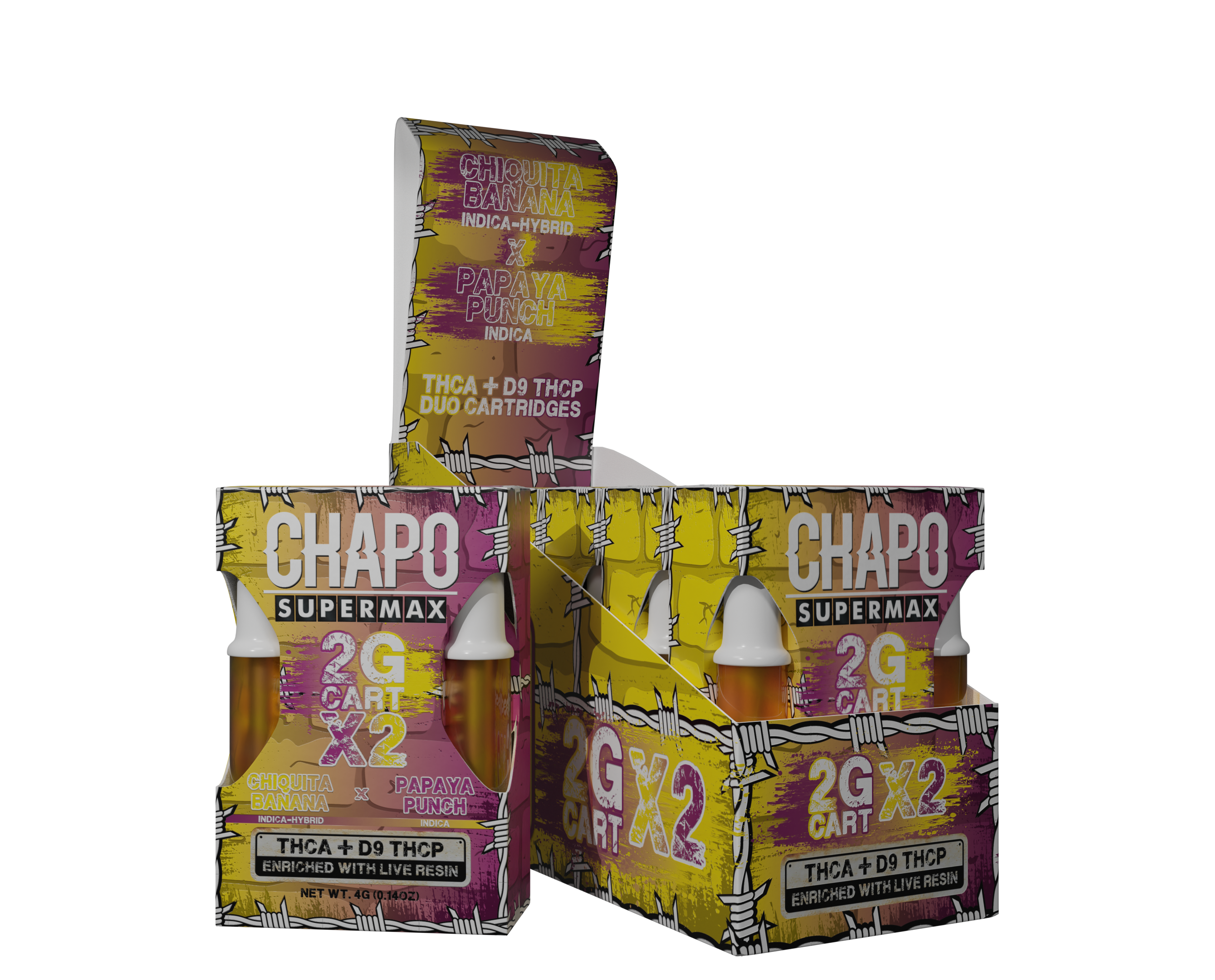 Chapo Supermax THC-A + D9 THC-P Enriched with Live Resin 2 Gram Duo Cartridges 6 pack - Vape Masterz